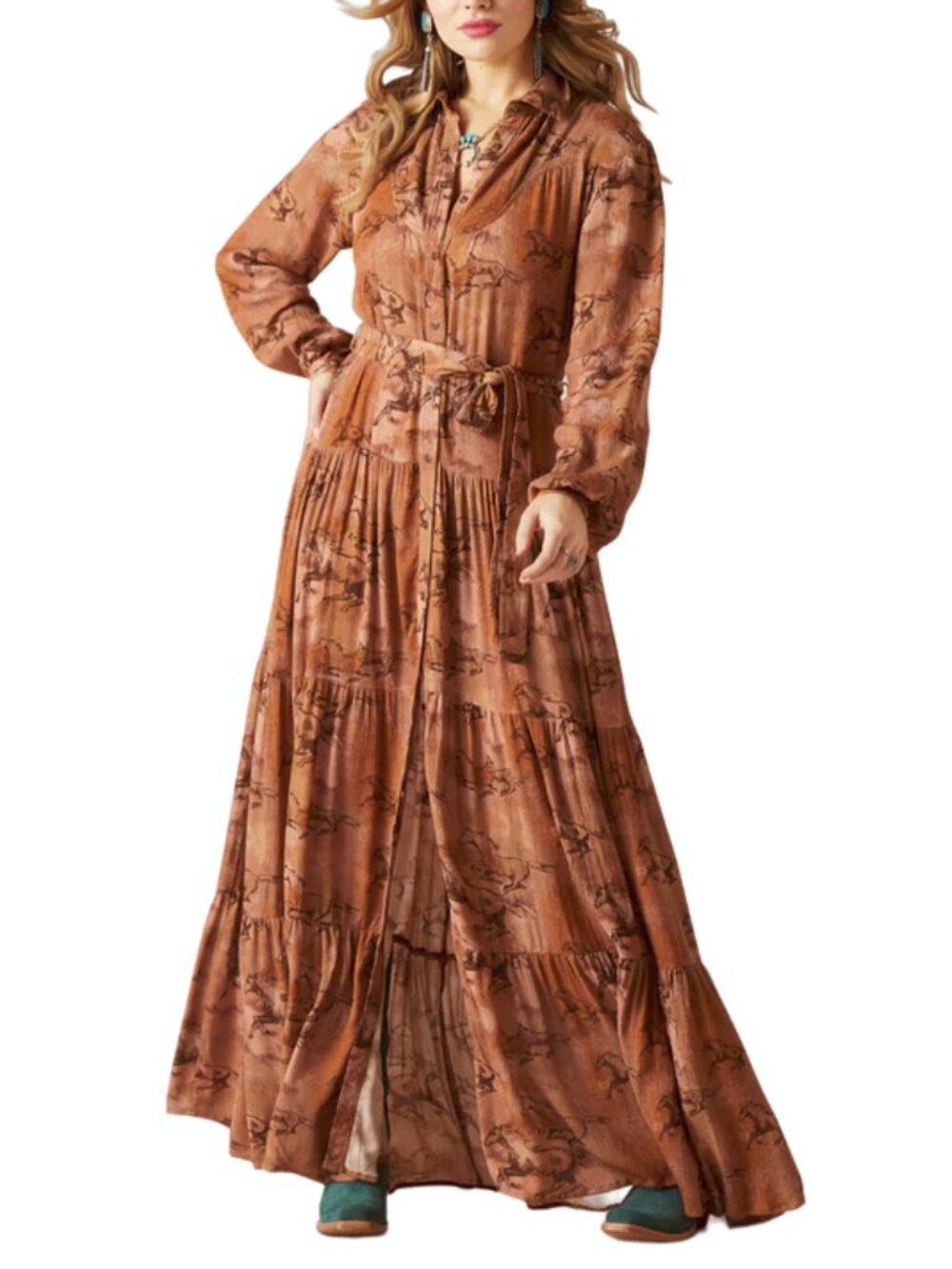 Ariat Womens Gallop Away Pink and Rust Printed Button-Front Maxi Dress